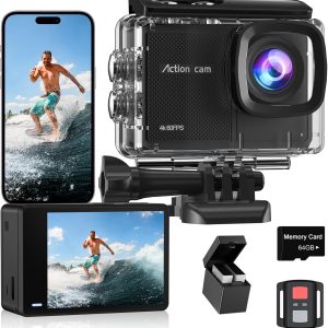 4K60FPS Waterproof Action Camera, 131ft Waterproof Camera Underwater with 64GB Card, 48MP Motorcycle Camera with 8X Zoom, EIS Helmet Camera, Sports Camera with Remote Control,2 * 1350mAh Batteries