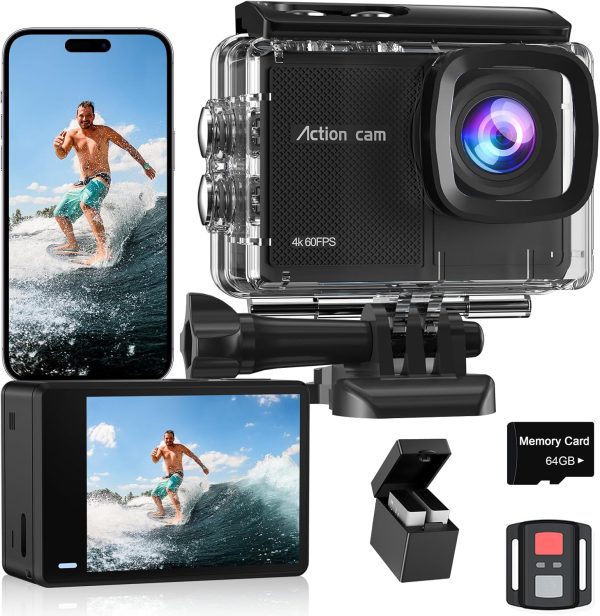 4K60FPS Waterproof Action Camera, 131ft Waterproof Camera Underwater with 64GB Card, 48MP Motorcycle Camera with 8X Zoom, EIS Helmet Camera, Sports Camera with Remote Control,2 * 1350mAh Batteries