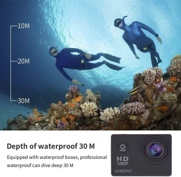 VEMONT Action Camera, 1080P 12MP Sports Camera Full HD 2.0 Inch Action Cam 30m/98ft Underwater Waterproof Snorkel surf Camera with Wide-Angle Lens and Mounting Accessories Kit - Image 3